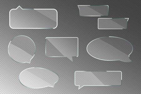 Glass speech bubbles with metal frame isolated on transparent background. Vector realistic set of clear acrylic thought clouds for chat dialog, social communication, message or quoteのイラスト素材