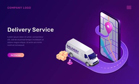 Mobile delivery service online app, vector isometric concept. Mobile phone screen with map and gps sign, road and minivan with parcels. Shipping tracking logistic ultraviolet web bannerのイラスト素材