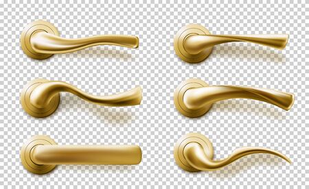 Realistic door handles set, golden knobs of different shapes isolated on transparent background. Shiny gold modern metal doorknobs, design element for interior, 3d vector illustration, icon, clip artのイラスト素材