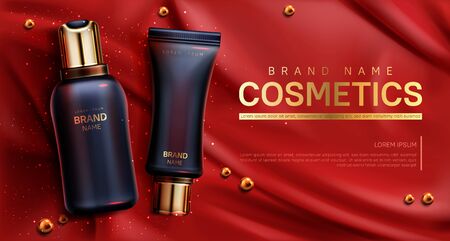 Cosmetics bottles mockup banner. Beauty body care product on red silk draped fabric background with scattered golden pearls. Luxury promo poster template for magazine, realistic 3d vector illustrationのイラスト素材