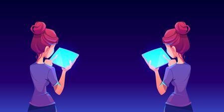 Teenage girl using smartphone app. Woman hold in hand tablet with shiny blue screen back view. Vector cartoon illustration with gadget user. Ads of mobile device applicationのイラスト素材