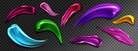 Cosmetic swatches, smudges of liquid gloss for makeup palette isolated on transparent background. Vector realistic mockup of bright colored smears of acrylic paint or nail polishのイラスト素材
