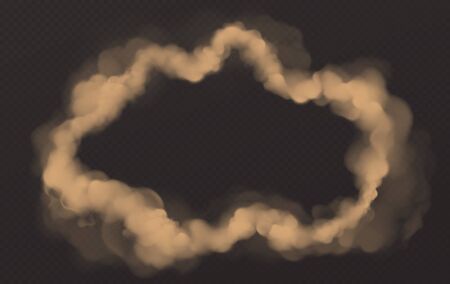 Smoke circle, round wavy smog cloud frame, brown heavy dust steam with motes, sand and soil particles isolated on transparent background. Cigarette vapor realistic 3d vector illustration, clip artのイラスト素材
