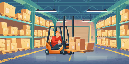 Warehouse with worker, forklift and cardboard boxes on metal racks. Vector cartoon interior of storage room with goods on shelves, lift truck with driver. Storehouse in store, factory, marketのイラスト素材