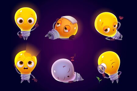 Funny light bulbs characters set. Sad and happy glowing, smiling, sleeping and fall in love, diseased and searching plant emotion, lamps isolated on dark background. Cartoon vector illustration, iconのイラスト素材