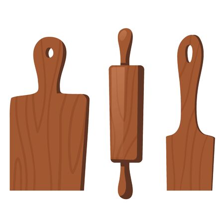 Wooden kitchen tools for cooking food isolated on white background. Vectro cartoon set of culinary spatula, rolling pin and cutting board. Kitchenware, utencilのイラスト素材