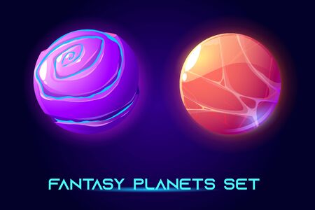 Fantasy space planets for ui galaxy game. Vector cartoon icons set of magic alien world, fantastic cosmic objects with liquid core, holes and spiral. Fantastic astronomy collectionのイラスト素材
