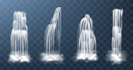 Waterfalls isolated on transparent background. Vector realistic river water fall with cascade, splash and fog. Set of liquid streams, flow of pure aqua, shower or rainのイラスト素材