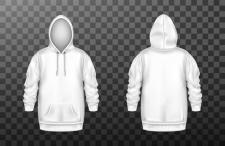 Hoody, white sweatshirt mock up front and back view set. Isolated hoodie with long sleeves, kangaroo muff pocket and drawstrings. Sport, casual or urban clothing fashion, Realistic 3d vector mockupのイラスト素材