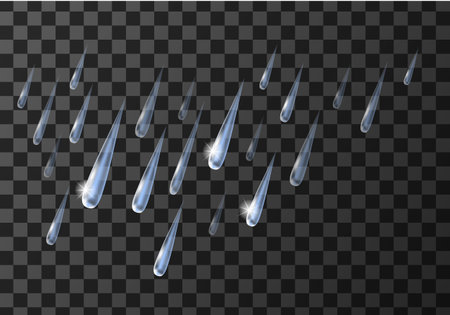 Rain weather meteo icon vector illustration. Realistic falling water droplets, element for weather forecast, wet rainy day pictogram, isolated on transparent backgroundのイラスト素材