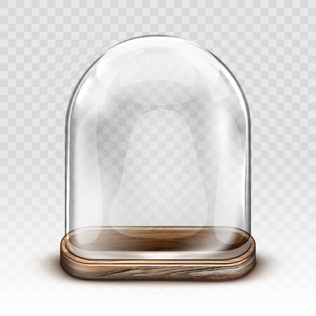 Glass dome and old wooden tray realistic vector. Vintage transparent glass dome square shape with retro wood plate, storage container, product presentation case with reflection, isolated illustrationのイラスト素材