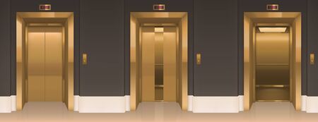 Golden lift doors. Office hallway with closed, slightly ajar and open elevator cabins. empty interior with passenger or cargo gold cabins, button panel and floor indicator on wall realistic 3d vectorのイラスト素材