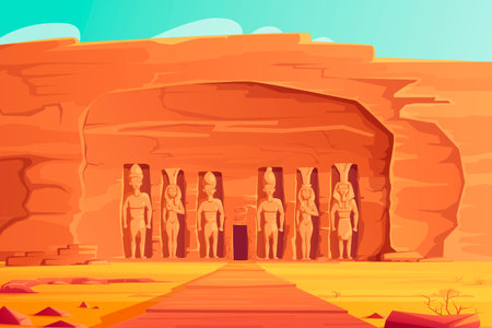 Ancient Egypt, Abu Simbel Small Temple, cartoon vector illustration. Rock carved temple facade with giant figures pharaoh Ramses and his wife Nefertari, travel Aswan landmark, World Heritage Monumentのイラスト素材