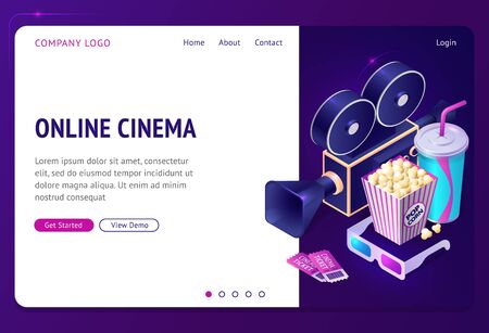 Online cinema isometric landing page, internet app for movie watching, popcorn, camera or film projector, 3d glasses, tickets and soda drink cup on neon background. Vector illustration, web bannerのイラスト素材