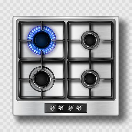 Gas stove top view with blue flame and black steel grate. Kitchen burner with lit and off hobs. Realistic 3d vector burning propane butane flame in cooking oven isolated on transparent backgroundのイラスト素材