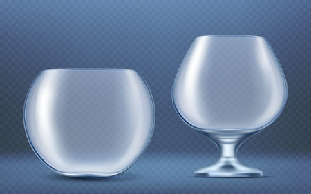Glass round aquarium for golden fish, aquatic pet isolated on transparent background. Vector realistic mockup of empty clear fishbowl. Glass bowl, vase, wineglassのイラスト素材