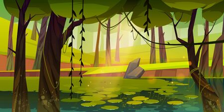 Swamp or lake with water lilies in forest. Nature landscape with marsh in deep wood. Computer game background, fantasy mystic scenery view with wild pond covered with ooze, Cartoon vector illustrationのイラスト素材