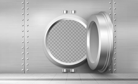 Bank vault with open safe door. Vector realistic interior of room with round steel door and and metal walls for safety storage deposits. Bank safe with dial lockのイラスト素材