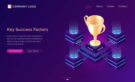Key success factors, isometric business concept vector. Gold trophy cup on pedestal with traffic server connections, database neon icons on purple banner. Computing analytical service for winnerのイラスト素材