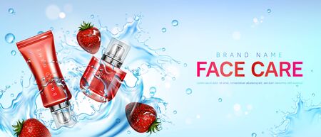 Face care products in water splash with strawberries. Vector realistic brand poster with moisturizing skin care cream, gel or masque in red bottle and tube. Promo banner, advertising backgroundのイラスト素材
