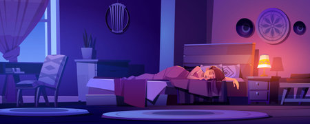 Woman sleeps in bed at night. Bedroom interior in boho style with wooden furniture. Vector cartoon illustration with asleep girl, lit lamp on nightstand and moon light from windowのイラスト素材