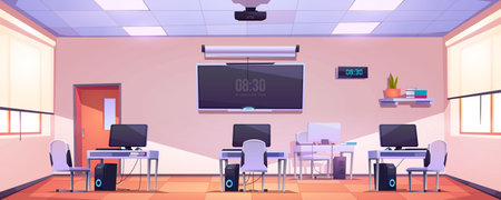 Computer class, open space office interior. Empty school, modern business workplace, room for coworking or studying. Cabinet with furniture, pc on desks, tv screen, windows cartoon vector illustrationのイラスト素材