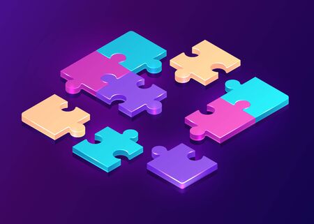 Isometric puzzle pieces on purple background. Concept of teamwork, communication, problem or challenge solution. Vector 3d illustration of unfinished colorful jigsaw gameのイラスト素材