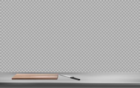 Cutting board and knife on steel table surface front view isolated on transparent background. Kitchen or cafe interior frame with stainless silver colored desk Realistic 3d vector illustration, borderのイラスト素材