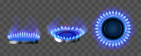 Gas burner with blue flame. Glowing fire ring on kitchen stove in top and side view. Vector realistic mockup of burning propane butane in oven for cooking isolated on transparent backgroundのイラスト素材