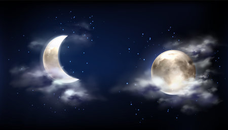 Moon in night sky with clouds and stars. Vector realistic illustration of full moon and crescent on dark midnight sky. Starry outer space with bright glowing planet and fogのイラスト素材