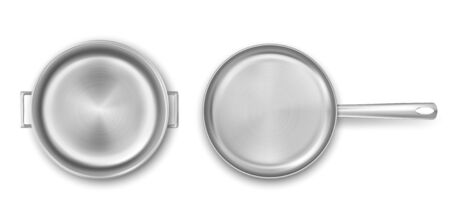 Metal cooking pot and frying pan top view. Vector realistic mockup of empty steel saucepan and skillet. Stainless casserole with handles isolated on white backgroundのイラスト素材