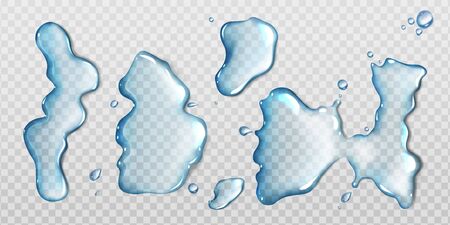 Water spill puddles top view set, aqua liquid splashes with scattered drops. Hydration spots elements with spray droplets isolated on transparent background, Realistic 3d vector Illustration, clip artのイラスト素材