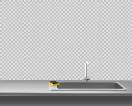 Kitchen metal sink with faucet and sponge on steel countertop, table surface front view isolated on transparent background. Interior frame with stainless silver colored desk Realistic 3d vector borderのイラスト素材