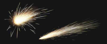 Realistic sparks of weld metal blade, firework petard flare, comet trail. Bright glowing sparkling light of electric circular saw, flying asteroid isolated on black background, 3d vector clip artのイラスト素材