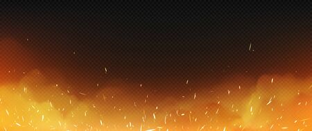 Realistic fire with smoke and weld sparks, flame isolated on transparent background. Burning campfire, blaze effect, glow orange and yellow shining flare with steam, 3d vectorframe, borderのイラスト素材