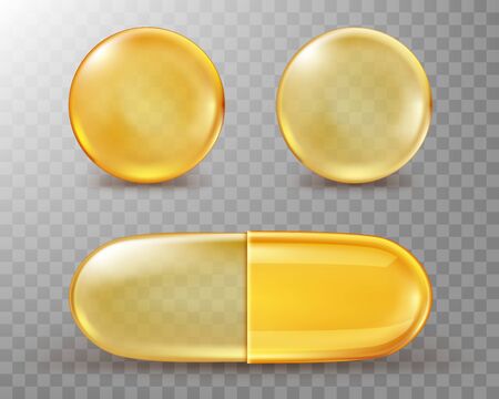 Capsules with oil, gold round and oval pills isolated on transparent background. Cosmetics, vitamin, omega 3 golden bubbles, antibiotic gel, serum droplets or collagen essence, realistic 3d vector setのイラスト素材