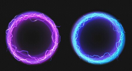 Electric lightning circles with blue and purple glow effect. Illuminated neon round frames. Vector realistic set of digital rings with sparking electrical discharge isolated on transparent backgroundのイラスト素材
