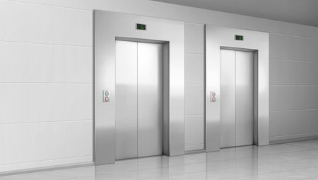 Metal elevator doors in hallway perspective view. Vector realistic empty modern office or hotel...