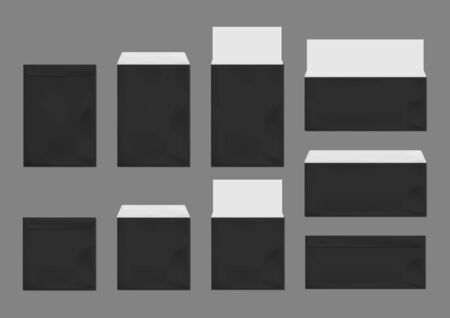 Black envelopes template set. Blank closed and open craft paper covers various size, letter package with white sheets. Mock up of folder for business documents and messages, Realistic 3d vector mockupのイラスト素材