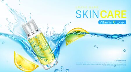 Vitamin toner ad banner, cosmetics bottle floating in fresh water with lemon citrus slices. Beauty cosmetic product pump tube, makeup remover promo poster template. Realistic 3d vector illustrationのイラスト素材