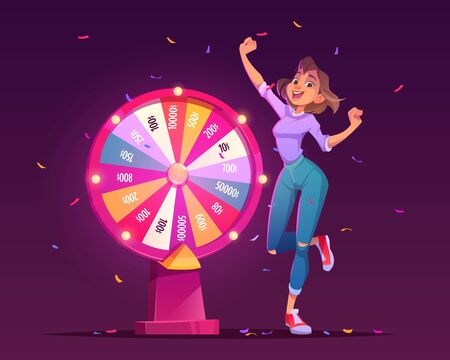 Wheel of fortune and lucky girl winner. Roulette of luck with arrow on jackpot in casino. Vector cartoon illustration of gambling game with money prize and winning womanのイラスト素材