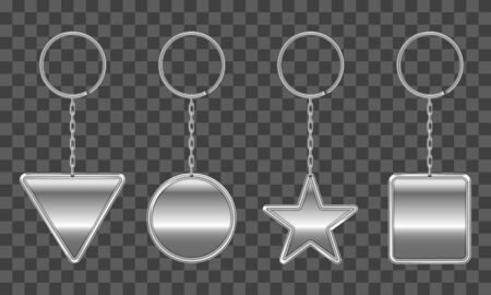Silver keychain, holder trinket for key with metal chain and ring. Vector realistic template of steel fobs different shapes isolated on transparent background. Blank accessory for corporate identityのイラスト素材