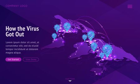 How virus got out banner. Contagious disease spread. Vector illustration of isometric world map showing international infection transmission, coronavirus delivery. Global Covid-19 pandemicの素材 [FY310148207193]