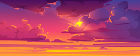 Sunset sky with sun peek out of fluffy clouds. Beautiful nature landscape background, pink, orange and lilac cloudscape evening or morning view with shining Sol and stars. Cartoon vector illustrationのイラスト素材