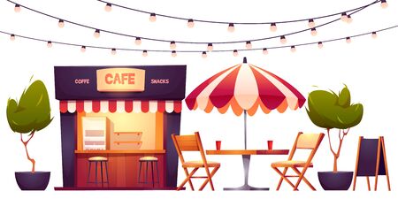 Outdoor cafe, summer booth in park, coffeehouse stall with street food drinks and snacks, cafeteria with table, chairs, umbrella, plants, lighting garland and menu board, Cartoon vector illustrationのイラスト素材