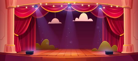 Theater stage with red curtains and spotlights. Vector cartoon illustration of theatre interior with empty wooden scene, luxury velvet drapes and decoration with clouds and bushesのイラスト素材