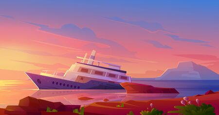 Sunken cruise ship in ocean harbor at sunset. Vector cartoon illustration of tropical summer landscape with old passenger liner sinking in sea water after shipwreckのイラスト素材
