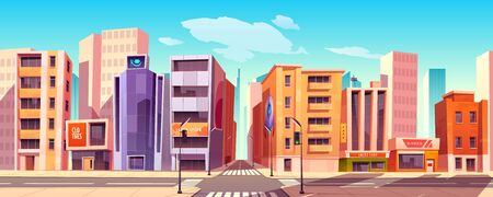 City street with houses, road with pedestrian crosswalk, traffic lights and street lights. Vector cartoon background with cityscape, urban landscape with residential buildings, office and shopsのイラスト素材