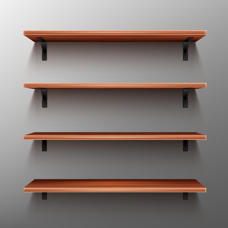 Empty wooden shelves on gray wall. Vector realistic mockup of bookshelves in home or library, wood rack in store, brown timber planks for storage or exhibition in galleryのイラスト素材