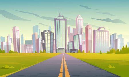 Road to city with skyscrapers, office buildings and houses. Vector cartoon urban landscape with empty suburban highway, green grass and modern town on skyline. Summer cityscapeのイラスト素材